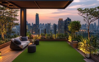 Fototapeta premium A rooftop garden with a perfect green lawn and city skyline view