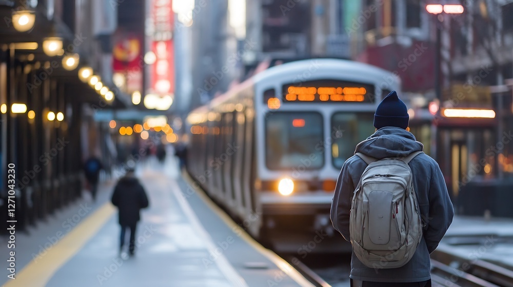 Poster urban scene capturing a traveler waiting for a train with a bustling city background and glimmering 