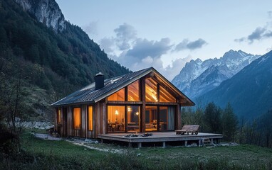 A scenic off-grid wooden house with a mountain backdrop