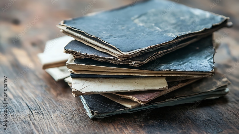 Aufkleber stack of aged books and papers on wooden table showcasing a feeling of nostalgia and history : gener