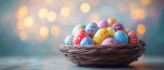 Easter background with easter eggs in a basket, white magical and pastel background