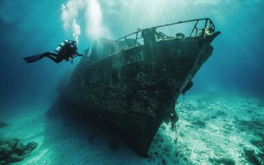A scuba diver swimming past an abandoned sunken ship leaking oil