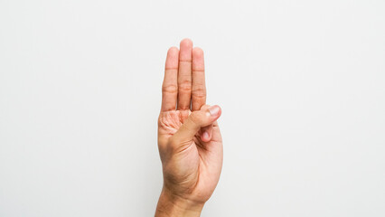 Man's hand with three or promise gesture on white background