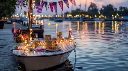 Festively decorated boat with flags and lights riverbank scenic view evening glow celebration concept