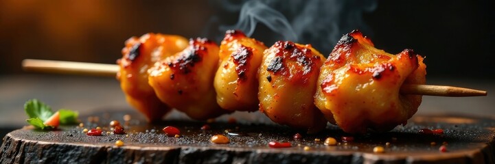 Grilled satay chicken skewer with smoky flavor on a wooden stick, fire, chicken