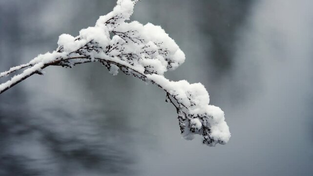 View of snow-covered flower hanging on the branch of tree near a river