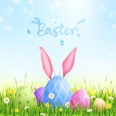 Easter card, Easter bunny poster with eggs on the grass