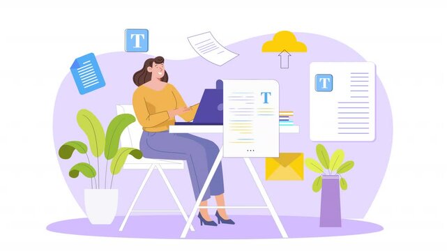 Vector scene animation demonstrating the use of AI in content writing, with characters leveraging AI tools to automate the writing process, generate ideas, and optimize content.