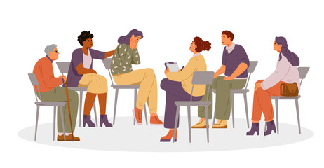 Woman psychologist with patients on group therapy session flat vector illustration isolated on white. Woman sharing her problems with diverse group of people.