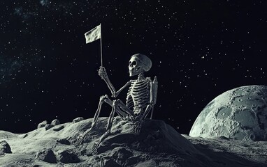 Fototapeta premium A skeleton astronaut planting a flag on the moon