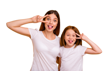 Portrait of two nice attractive lovely comic crazy childish cheerful cheery glad positive person showing v-sign having fun fooling isolated over bright vivid shine yellow background