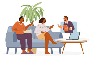 African American couple at home during online psychological therapy session flat vector illustration isolated on white. Man psychologist consulting his patients online.