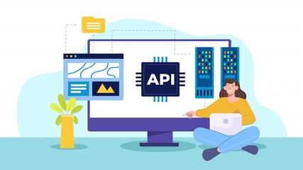 Flat-style scene animation highlighting how API technology facilitates seamless communication between applications, featuring characters using APIs to connect services.