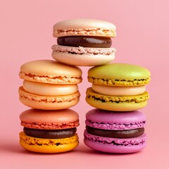 A vibrant assortment of macaroon cookies rests elegantly atop one another against a soft pink backdrop. Each cookie showcases unique colors and flavors, inviting a sweet indulgence