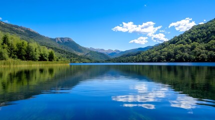 Serene lake reflecting a clear sky and mountains surrounded by lush greenery : Generative AI