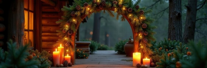 Evergreen branches and pinecones adorn a rustic wooden archway lit by candles, rustic, evergreen