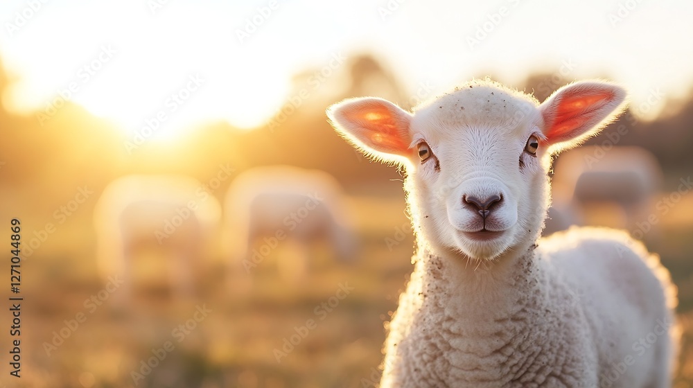 Poster Cute fluffy lamb standing in a sunlit field with a soft background of grazing sheep : Generative AI