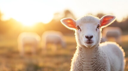 Fototapeta premium Cute fluffy lamb standing in a sunlit field with a soft background of grazing sheep : Generative AI