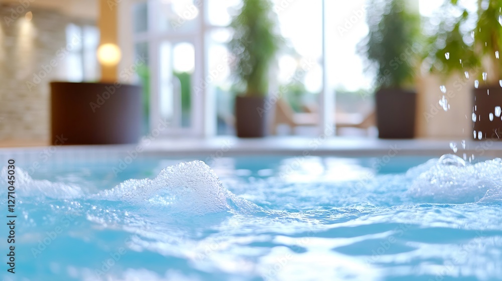 Poster inviting pool water with soft bubbles and lush green plants in a relaxing spa environment : generati