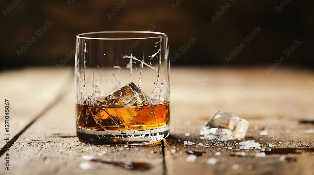 Poster elegant whiskey glass filled with ice cubes on a rustic wooden table background : generative ai