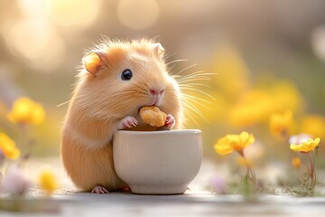 A golden guinea pig sitting outdoors, holding a small biscuit and enjoying the sunlight

