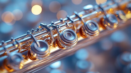 Obraz premium Close-up of a gleaming silver flute, reflecting soft bokeh lights, showcasing intricate details and musical elegance.