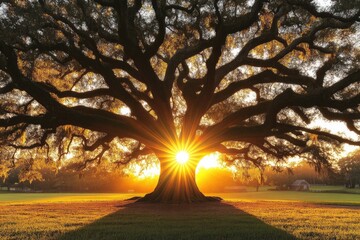Naklejka premium Majestic oak tree silhouetted against a vibrant sunrise, casting long shadows on a serene field.