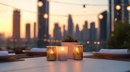 Romantic dinner setup with candles and plants against city skyline at sunset