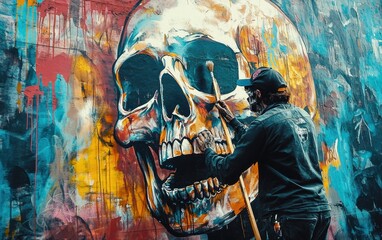 Fototapeta premium A skeleton graffiti artist spray-painting a giant mural