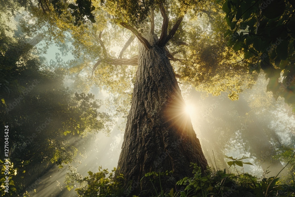 Poster sunlight streams through lush forest canopy, illuminating a giant tree trunk from below.