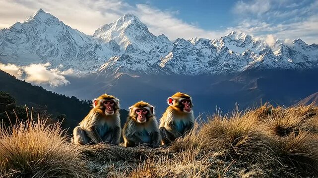 Three monkeys sit in a grassy foreground with majestic snow-capped mountains behind them.