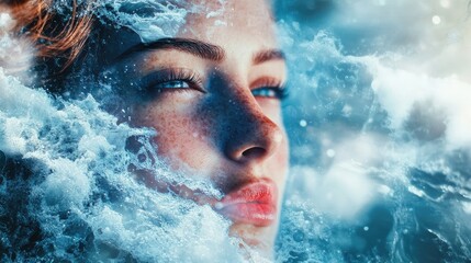Ocean's Embrace, A portrait of a woman merged with swirling water