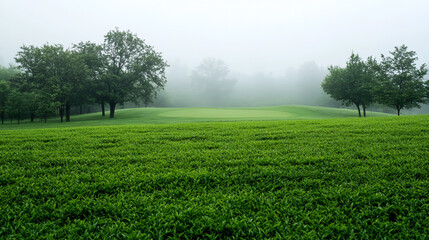Obraz premium As the morning fog lifts, the green ground tea contrasts beautifully with the dark woods on a golf field