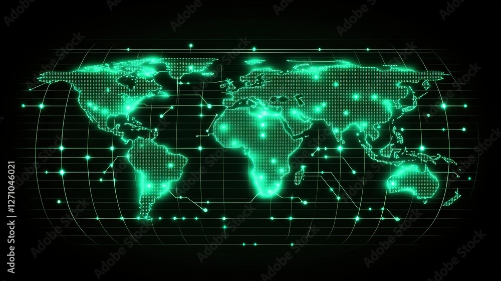 Poster illuminated world map with glowing green lights showcasing global progress and connectivity