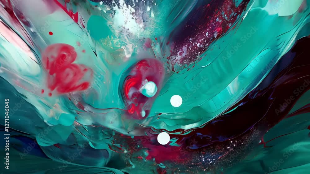 Poster the vibrant abstract background is a chaotic mix of multi-colored paints, with drips and splashes cr