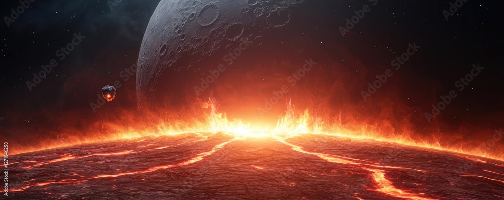 Poster Asteroid impact idea. A mesmerizing view of a fiery landscape under an alien sky, showcasing planetary features.