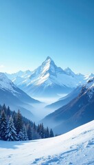 A tranquil morning scene of snow-covered mountains under a clear blue sky, mountains, covered