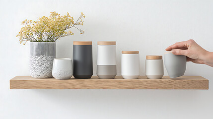 Showcasing modern ceramic vessels on a wooden shelf in a minimalistic living room environment