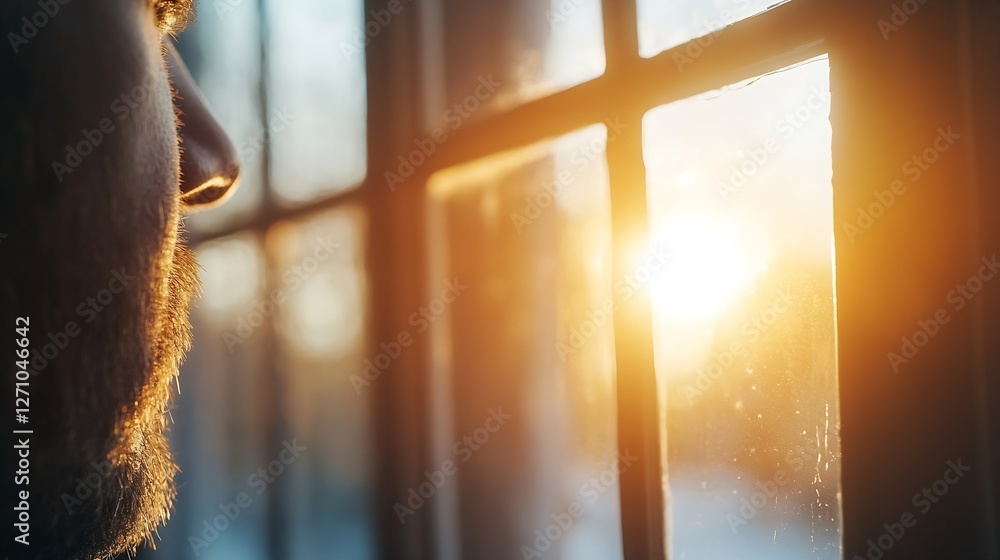 Aufkleber man gazing at beautiful sunset through window creating peaceful atmosphere : generative ai