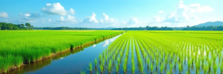 Ample rice fields submerged in water with a clear blue sky, field, landscape photography, nature