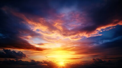 Fototapeta premium Fiery Sunset Panorama: A breathtaking view of a vibrant sunset with dramatic cloudscape
