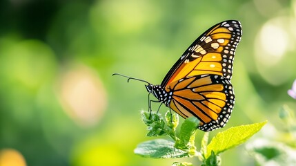 Fototapeta premium Vibrant Monarch Butterfly Sitting Gracefully on Green Leaf in Natural Setting : Generative AI