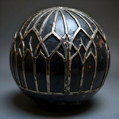 Gothic Relic Sphere an antique black sphere with silver inlays forming cathedral arches and stained-glass motifs.