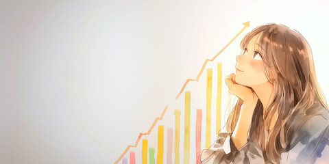 投資を考えている女性。水彩画。イラスト。挿絵。背景素材。