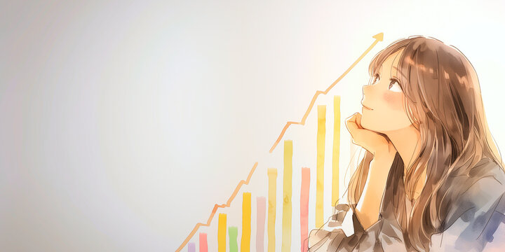 投資を考えている女性。水彩画。イラスト。挿絵。背景素材。