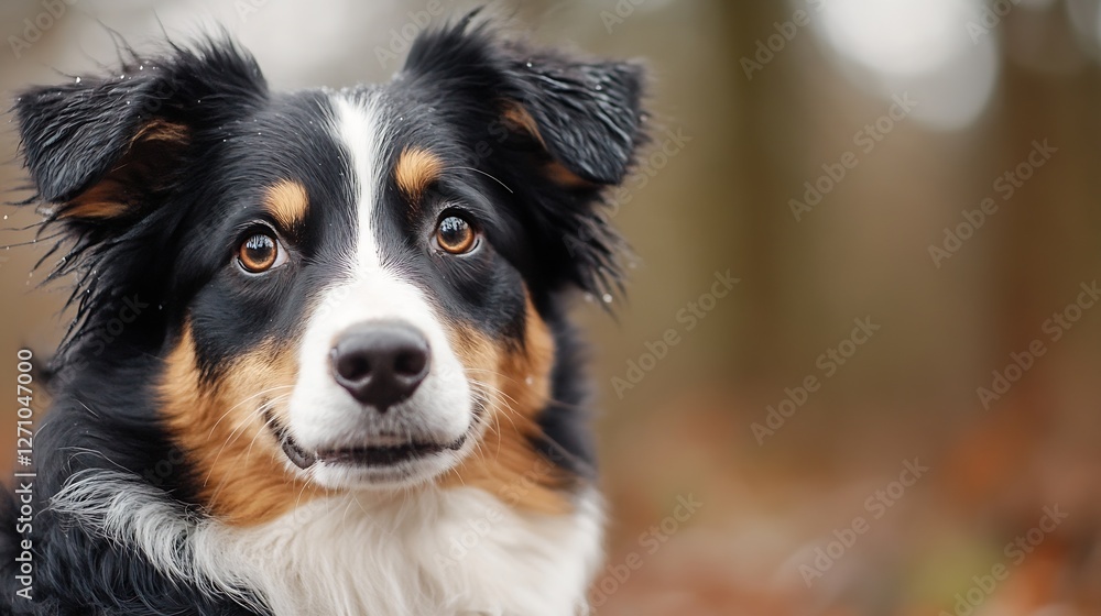Poster close up portrait of a friendly australian shepherd dog with beautiful expressive eyes in nature : g
