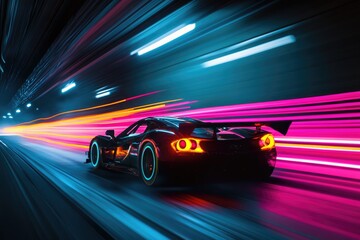 A sleek, black sports car speeds through a neon-lit tunnel, leaving vibrant trails of light.