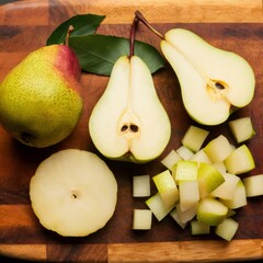 Pear Arrangement: Whole, Halved & Sliced Wood Board