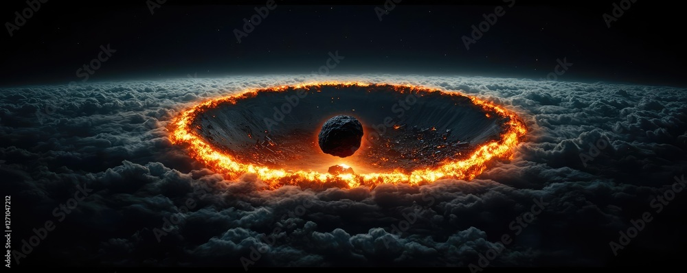 Poster Asteroid impact idea. A dramatic scene showing an asteroid impact creating a fiery crater in the clouds.