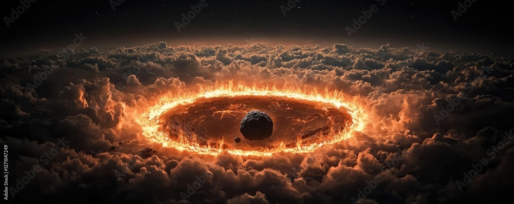Poster asteroid impact idea. dramatic visual of a cosmic event with fiery ring and dark celestial body.